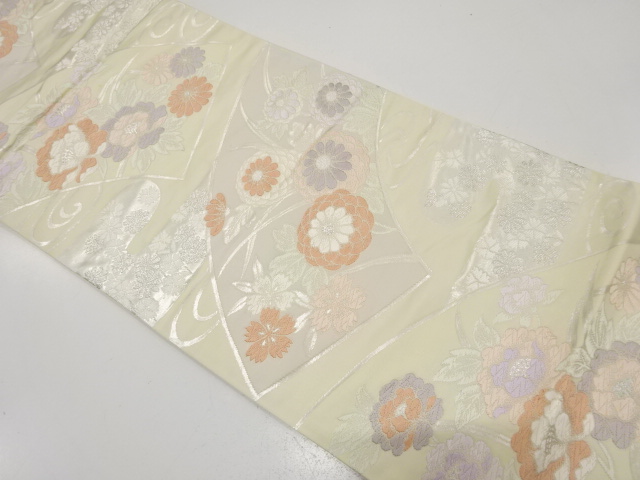 アンティーク　地紙に菊・牡丹・流水模様織り出し袋帯（材料）